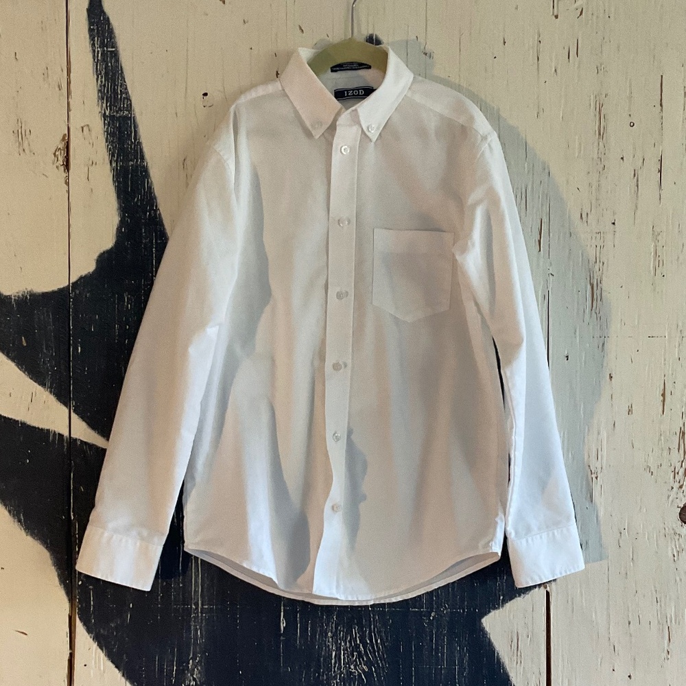 IZOD LONG SLEEVE WHITE SOLID BUTTON DOWN COLLARED OXFORD SZ: 14